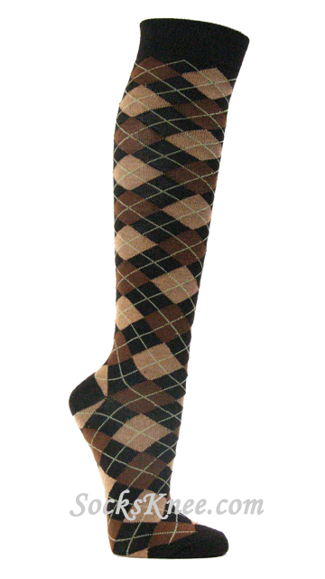 DarkBrown Brown Beige Argyle Knee Socks for Women - Click Image to Close