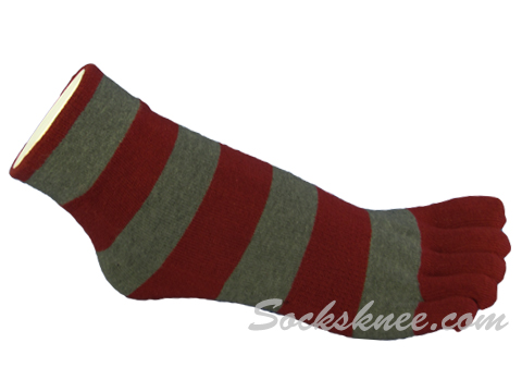 Dark Red / Gray Striped Toe Toe Socks, Ankle High - Click Image to Close