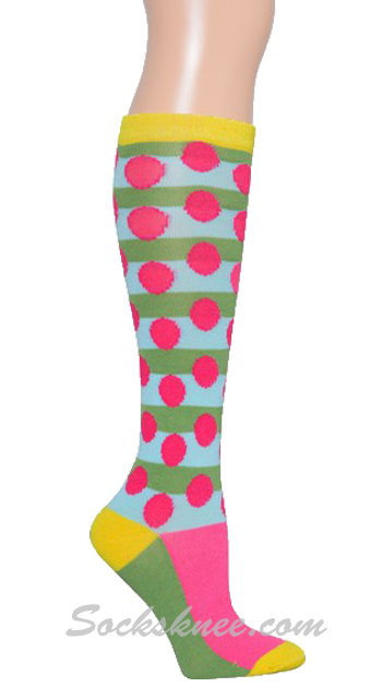 Forest Green, Light Blue Striped With Dots Women Knee High Socks