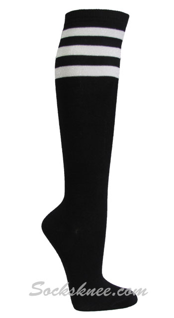 Black Women Ladies 3 Glitter White Stripes Knee High Socks - Click Image to Close