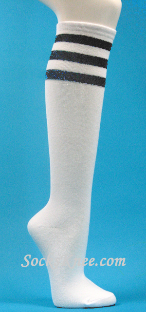 Glitter Black Stripes White High socks for women - Click Image to Close