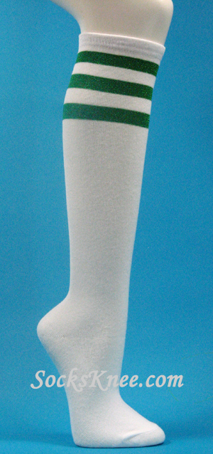 Glitter Green Stripes on White Knee Hi socks for woman - Click Image to Close