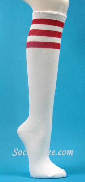 Glitter Red Stripes White Hi socks for women - Click Image to Close