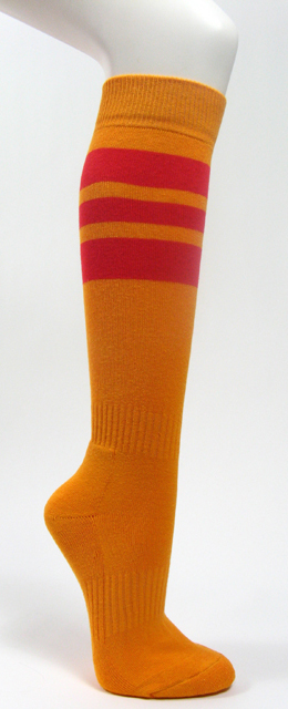 Golden yellow cotton knee socks with red stripes for sports
