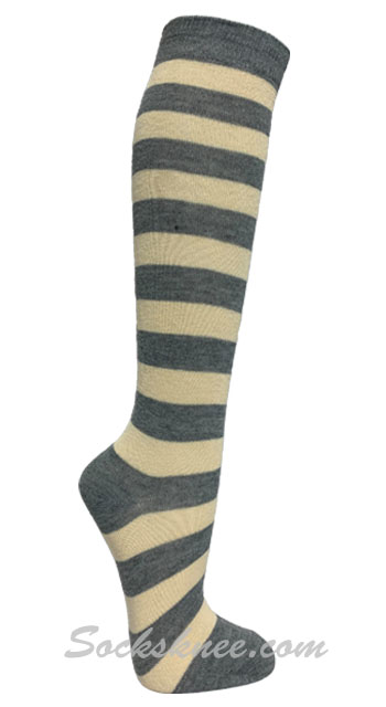 Gray / Ivory Women Wider Striped Knee Socks - Click Image to Close