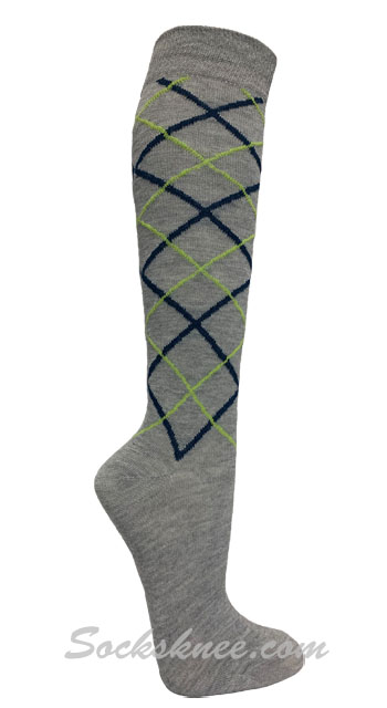 Gray with Lime / Navy Line Argyle Women knee High Socks - Click Image to Close