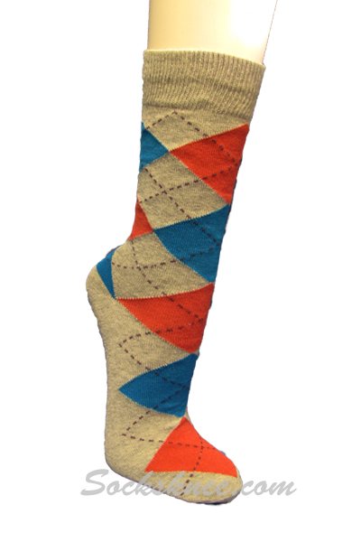 Gray Orange Bright Blue Argyle Mens Cotton Mid-Calf Dress socks - Click Image to Close