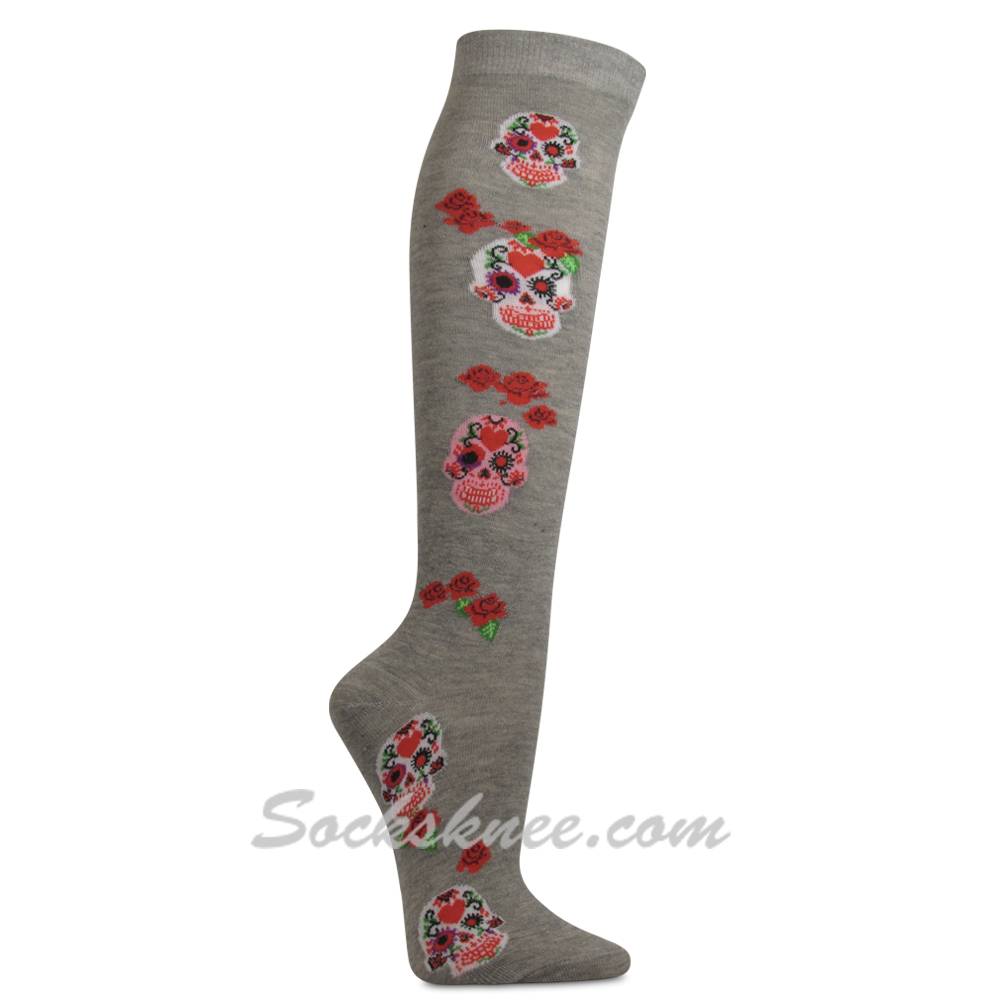 Women's Day of the Dead Sugar Skulls & Red Roses Gray Novelty Knee High Socks - Click Image to Close