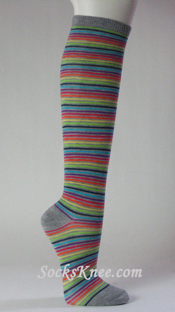 Gray Rainbow Thin Striped Knee Socks for Women - Click Image to Close