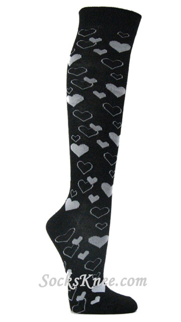 Light Gray / Grey hearts pattern Black Knee Socks for Women