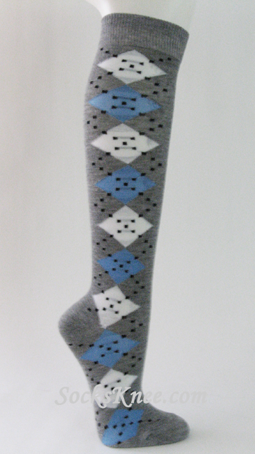 Gray White Light Blue Women's Argyle Knee Socks - Click Image to Close