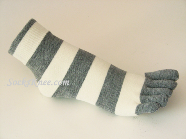Gray White Striped Toe Toe Socks, Ankle High - Click Image to Close