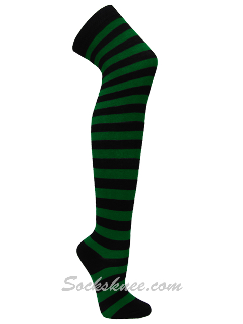 Black and Green Over Knee Thigh High Women wider striped socks - Click Image to Close