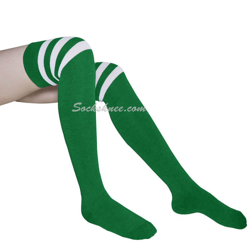 Green with White Triple Stripes Women Cosplay Over Knee Socks - Click Image to Close