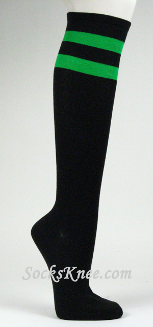 Green Striped Black Knee High Socks for Women