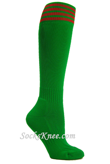 Green youth Football/Sports knee socks w red stripes - Click Image to Close