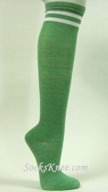 Light Green with 2 White Stripes Womens High Knee Socks - Click Image to Close