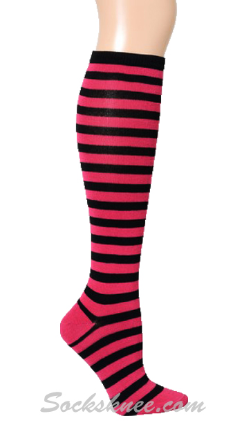 Black and Hot Pink Mini-striped Knee Socks - Click Image to Close