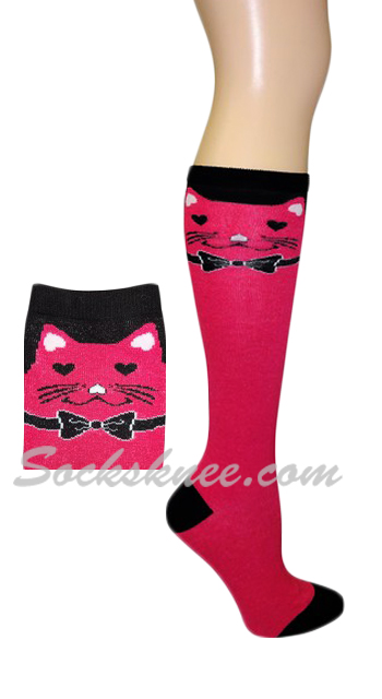 Cat with Bow Ties Hot Pink Knee High Fashion Socks - Click Image to Close