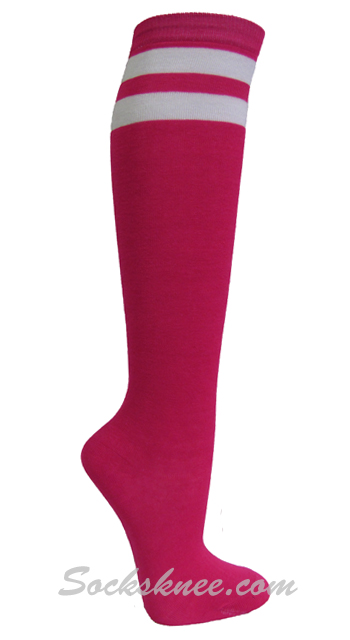 Hot Pink and 2 White Stripes Knee High Socks for Women & Junior - Click Image to Close