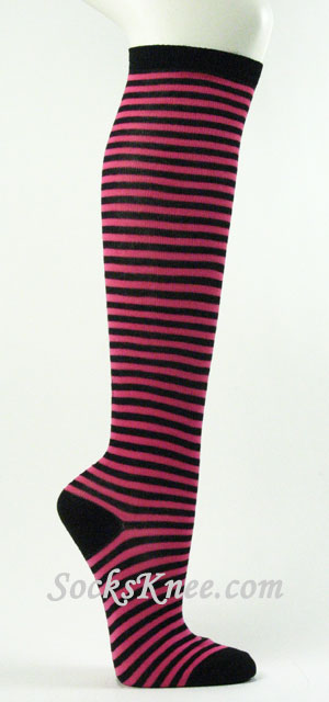Black and Hot Pink Thin Striped Knee Socks - Click Image to Close