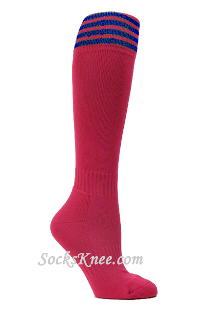 Hot Pink and Blue Kid/Youth Football Sport High Socks - Click Image to Close