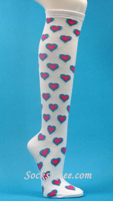 Hot Pink Hearts design White High Socks - Click Image to Close