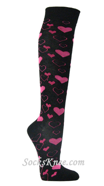 Hot Pink hearts pattern Black Knee Socks for Women - Click Image to Close