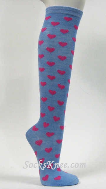 Hot Pink Hearts on Light Blue Womens High Knee Socks - Click Image to Close