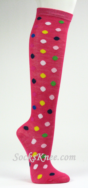 Polka Dots Hot Pink Women's Knee Socks - Click Image to Close