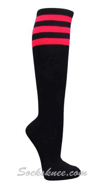 Black with Hot Pink 3line Striped Women's Knee High Socks - Click Image to Close