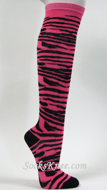 Hot Pink White Zebra Striped Women's High Knee Socks - Click Image to Close