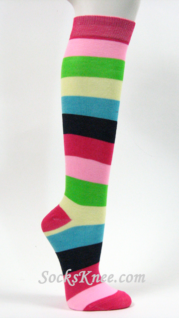 Hot Pink Wide Rainbow Stripe Womens High Knee Socks - Click Image to Close