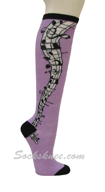 Lavender Knee High Fashion Socks with Music Notes/Symbol - Click Image to Close