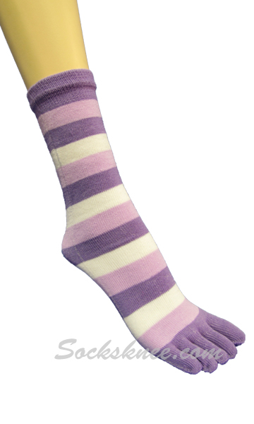 Lavender, Lilac, White Quarter ~ Midcalf Striped Toed Toe Socks - Click Image to Close