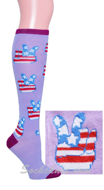 Lavender Peace Hand Sign Women Knee High Socks - Click Image to Close