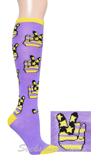 Lavender Women Peace Hand Sign Knee High Socks - Click Image to Close
