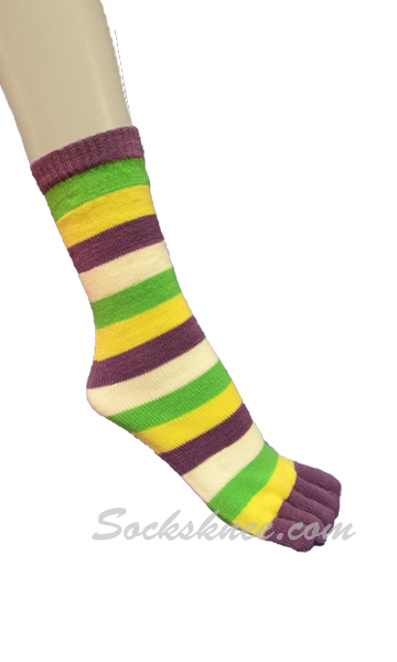Lavender, Yellow, Lime Green Women Mid-Calf Striped Toe Socks - Click Image to Close