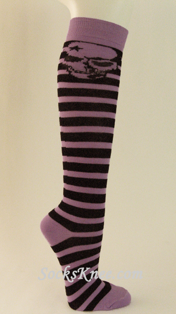 Lavender Black Striped Knee Socks with Skeleton - Click Image to Close
