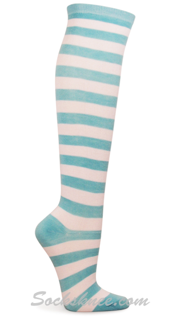 Light Sky Blue and White Wider Striped Knee Socks - Click Image to Close
