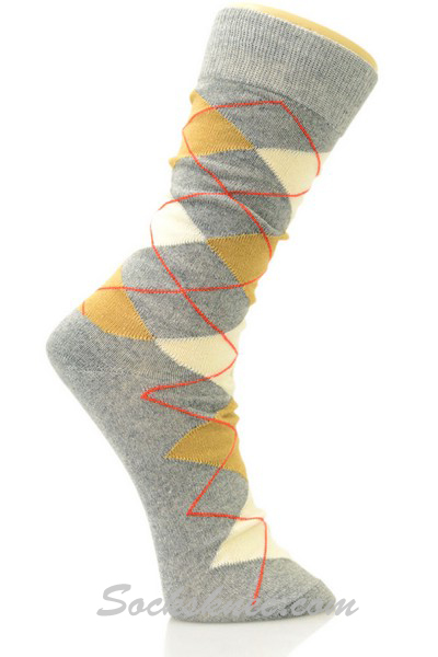 Light-gray Mustard White Argyle Cotton Mid-Calf Dress socks - Click Image to Close