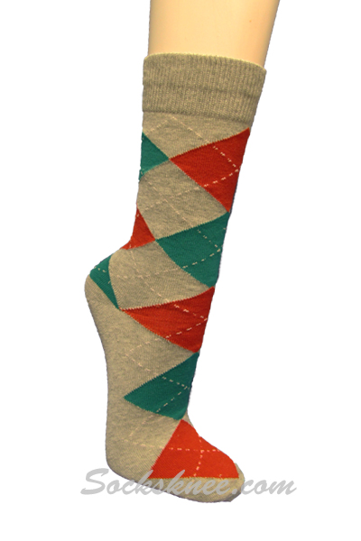 Light Gray Red Teal Argyle Mens Cotton Mid-Calf Dress socks - Click Image to Close