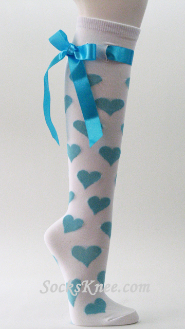Sky Blue Ribbons and Heart on White Knee Socks for Women - Click Image to Close