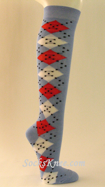 Light Blue Red White Women's Argyle Knee Socks - Click Image to Close