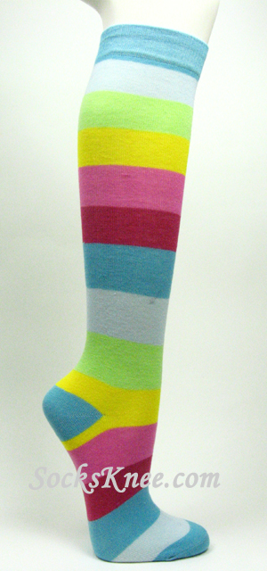 Sky blue Light Blue Lime Green Hot Pink Knee High Sock for Women - Click Image to Close
