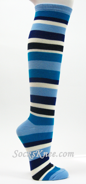 Light Blue Turquoise White Navy etc.. Striped High Socks, Thick - Click Image to Close