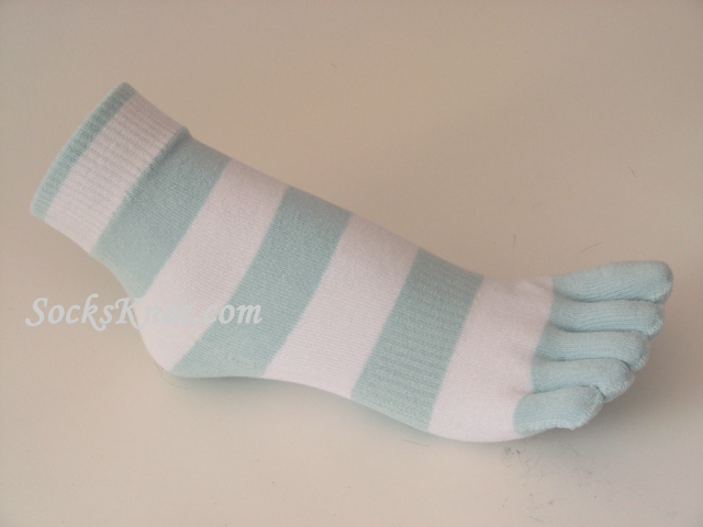 Light Blue White Striped Toe Toe Socks, Ankle High - Click Image to Close