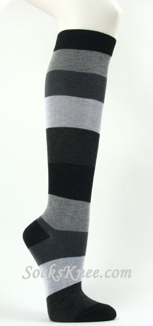 Black Dark Grey Light Gray Wider Striped Knee high socks - Click Image to Close