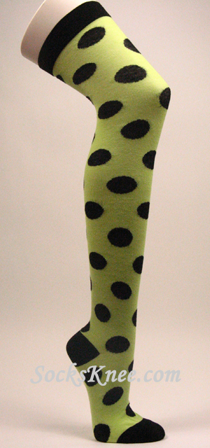 Light Lime Green w/ Large Black Polka Dots Over Knee Socks - Click Image to Close