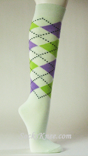 Light Lime Green w Limegreen Lavender Argyle knee sock for Women - Click Image to Close
